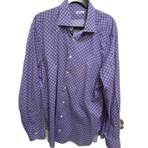 Men's Designer Kiton Cotton Blue Button Down Dress Shirt Orange Print 17.5 x 44